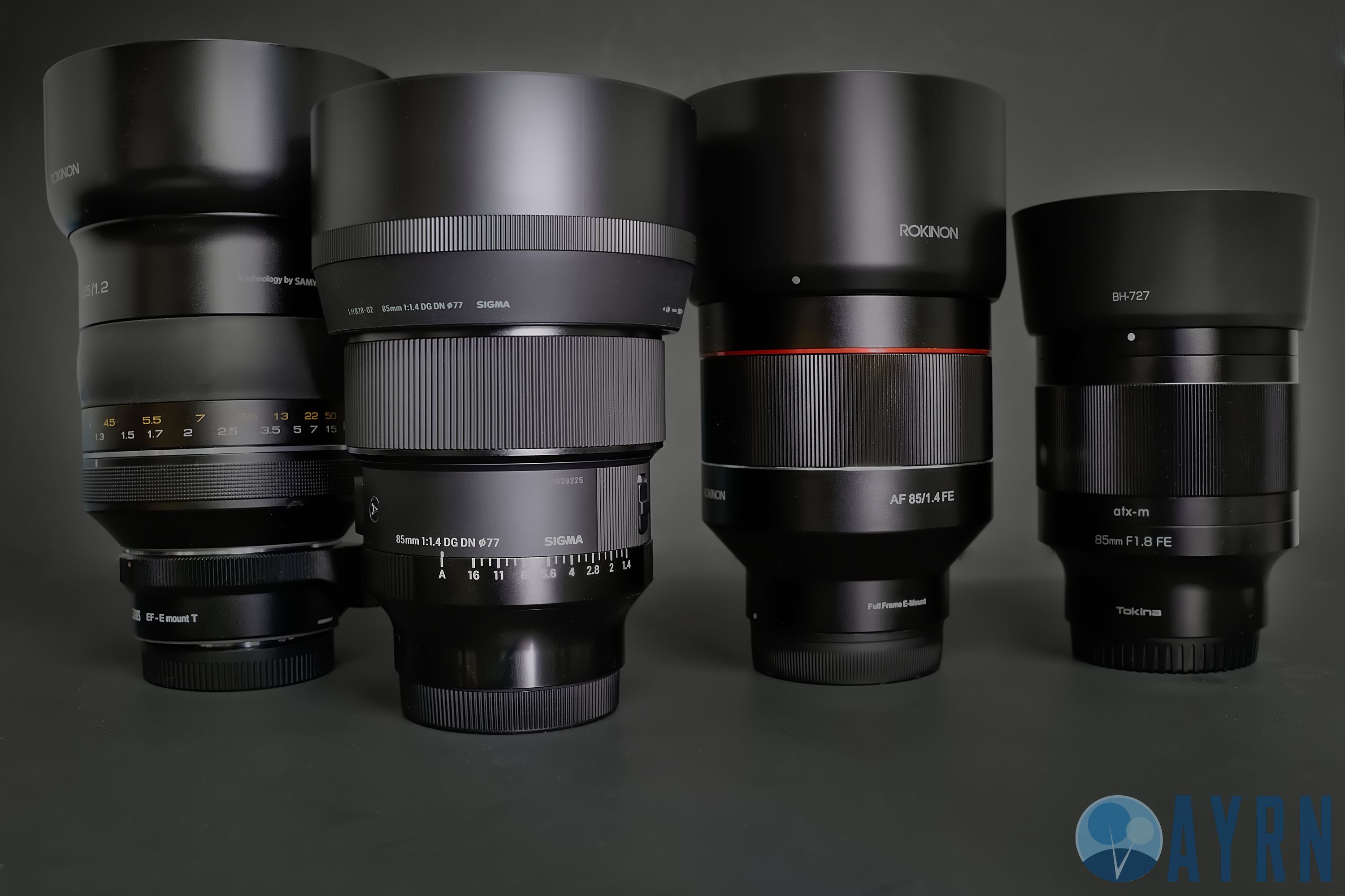 LEFT TO RIGHT: ROKINON 85MM F/1.2 XP, SIGMA 85MM F/1.4 DG DN ART, SAMYANG AF 85MM F/1.4, AND TOKINA 85MM F/1.8 ATX-M